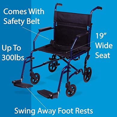 Carex Transport Wheelchair With 19 inch Seat - Folding Transport Chair with Foot Rests