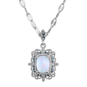 Tiara Sterling Silver White Opal & 1/10 Carat T.W. Blue Diamond Vintage Pendant Necklace