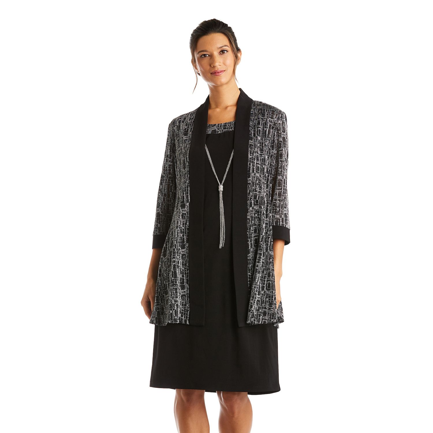 Женские платья R&M Richards 2 pc Metallic Jacquard Dress and Jacket Set, цвет: Чёрный серебряный — фото 1