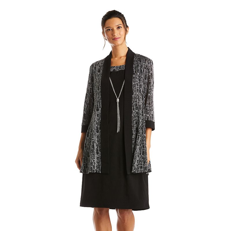 Women's R&M Richards 2-Piece Metallic Jacquard Dress and Jacket Set, Size: 10, Black Silver