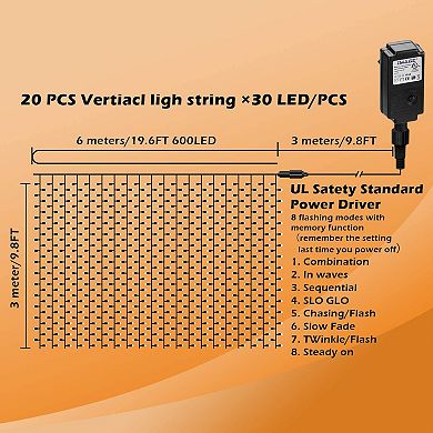 600 LED Curtain Lights with 8 Light Modes