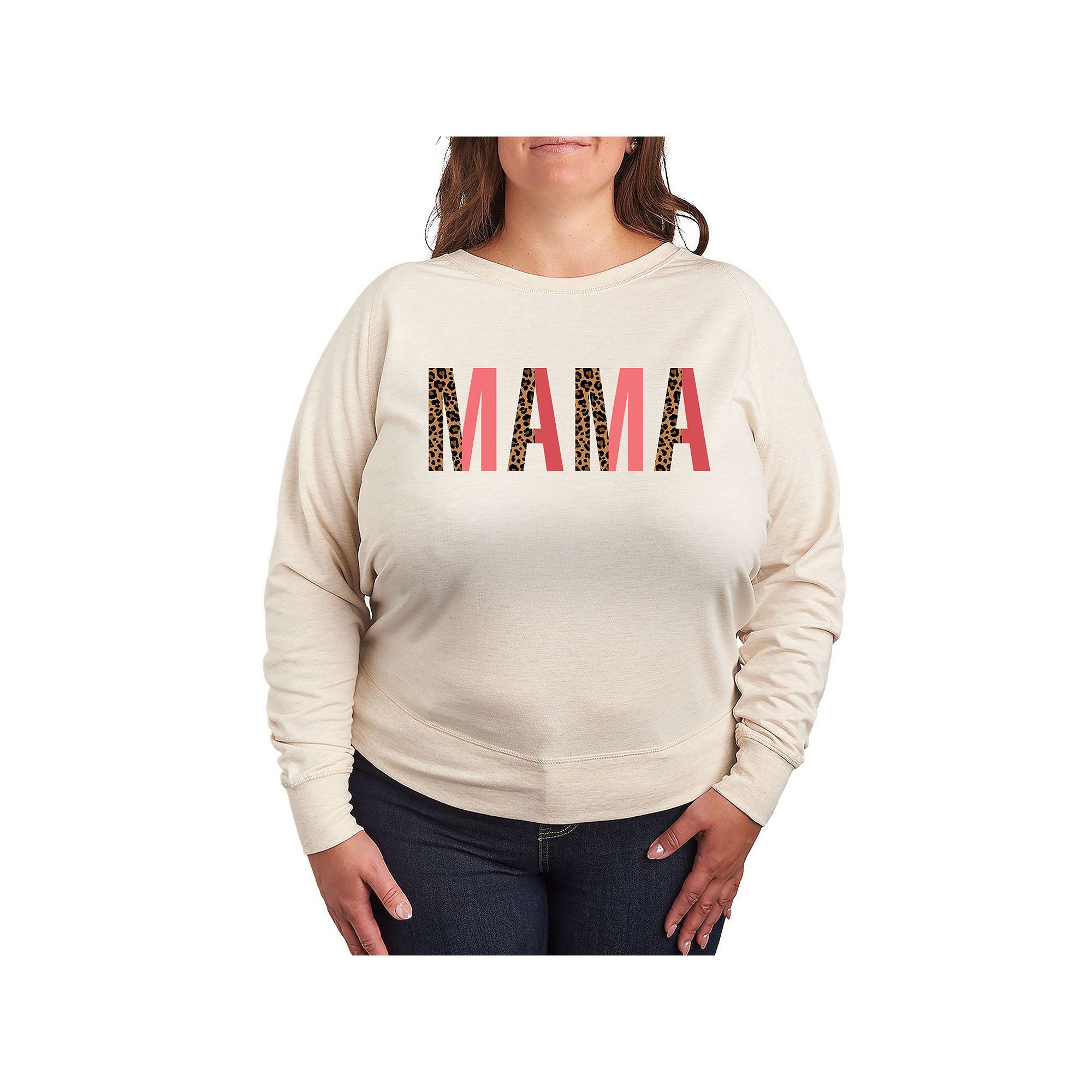 Plus Size Mama Leopard Print Letters French Terry Long Sleeve Tee, Womens,