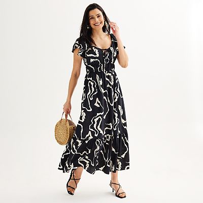 chinese dress ladies Black Ditsy Floral Short Sleeve Chiffon Wrap Maxi Dress