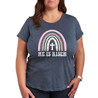 Plus He Is Risen Easter Rainbow Graphic Tee