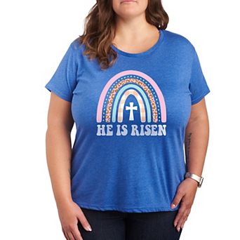 Plus He Is Risen Easter Rainbow Graphic Tee