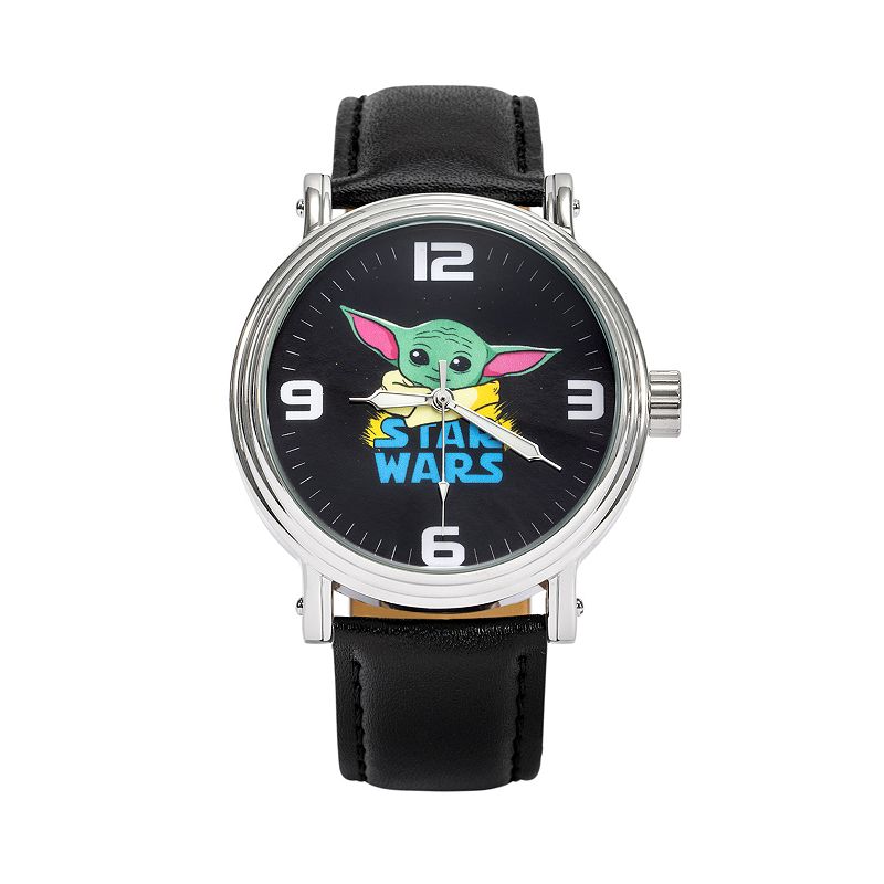Disney's The Mandalorian Grogu Men's Leather Watch - WSW001389, Size: 9", Black