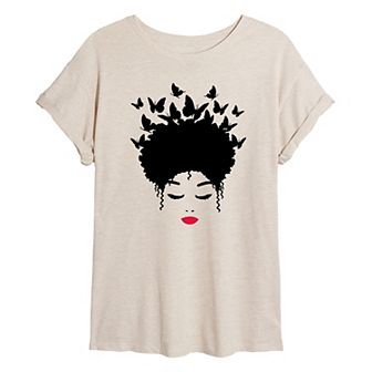Juniors' Woman of Color Black Butterfly Hair Oversized Tee