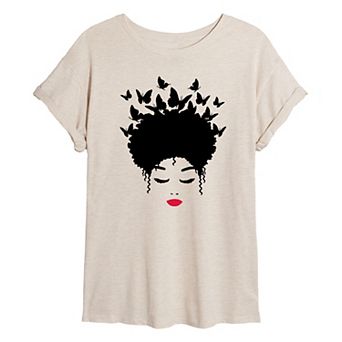Juniors' Woman of Color Black Butterfly Hair Oversized Tee