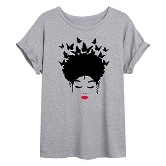 Juniors' Woman of Color Black Butterfly Hair Oversized Tee