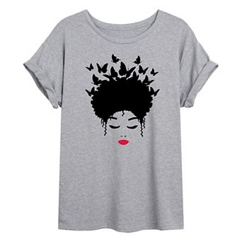 Juniors' Woman of Color Black Butterfly Hair Oversized Tee