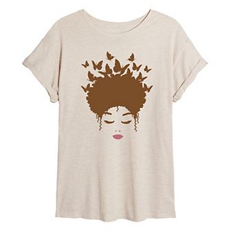Juniors' Woman of Color Brown Butterfly Hair Oversized Tee