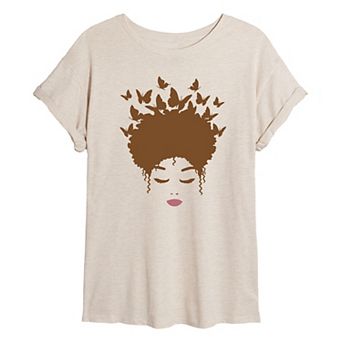 Juniors' Woman of Color Brown Butterfly Hair Oversized Tee