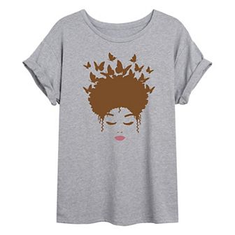 Juniors' Woman of Color Brown Butterfly Hair Oversized Tee