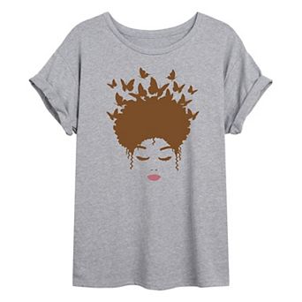 Juniors' Woman of Color Brown Butterfly Hair Oversized Tee
