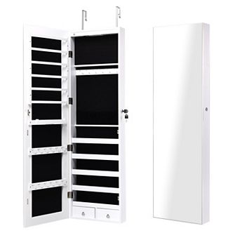 Wall Mounted Jewelry Cabinet with Full Length Mirror, LED Lights and Lockable Storage Compartments