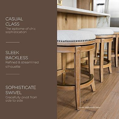Maven Lane Alexander Backless Bar Stool In Weathered Oak Finish W/ Sand Color Fabric Upholstery