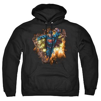 Superman Blasting Through Adult Pull Over Hoodie