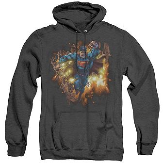 Superman Blasting Through Adult Heather Hoodie