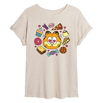 Juniors' Garfield Hearts Food Oversized Tee