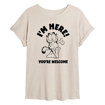 Juniors' Garfield I'm Here You're Welcome Oversized Tee