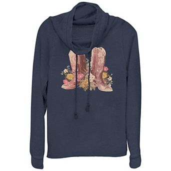 Juniors' Cowgirl Boots & Flowers Cowlneck Graphic Lightweight Long Sleeve
