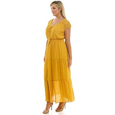 Plus Size Luxology Crochet Shoulder Gauze Maxi Dress