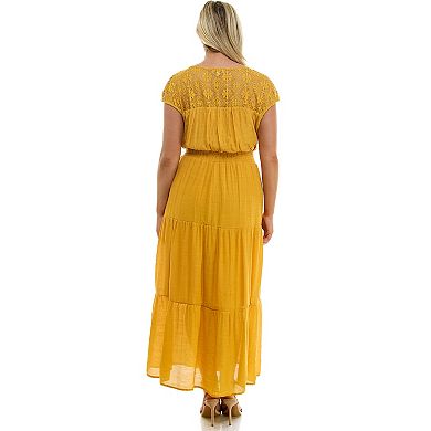 Plus Size Luxology Crochet Shoulder Gauze Maxi Dress