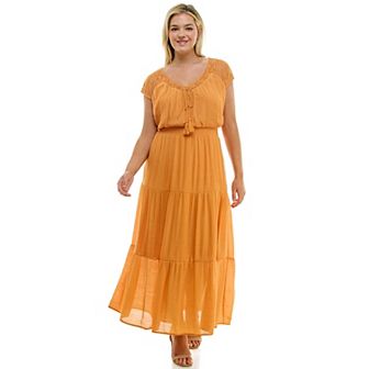 Plus Size Luxology Crochet Shoulder Gauze Maxi Dress