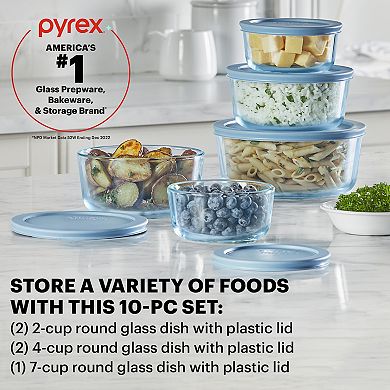 Pyrex Simply Store Tinted 10-piece Round Food Storage Container Set with Plastic Lids, Blue