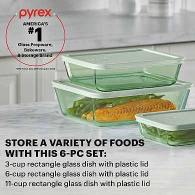 Pyrex Simply Store Green Tinted 6-piece Rectangle Food Storage Containers Set with Plastic Lids