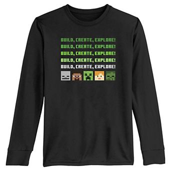 Boys 8-20 Minecraft Build Create Explore Head Blocks Long Sleeve Graphic Tee