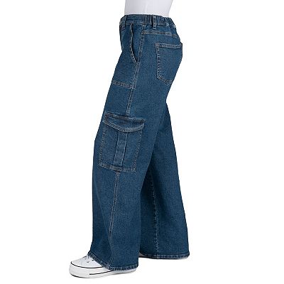 Juniors' Indigo Rein High Rise Utility Wide Leg Jeans