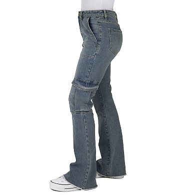 Juniors' Indigo Rein High Rise Cargo Flare Jeans