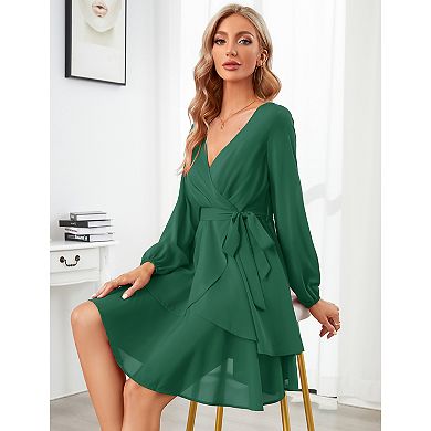 Womens Skater Dresses V Neck Short Sleeve Tie Waist Solid Ruffle Boho Flowy Swing Mini Dress