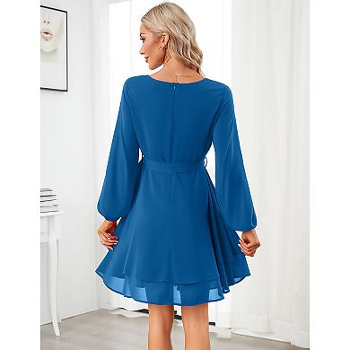 Womens Skater Dresses V Neck Short Sleeve Tie Waist Solid Ruffle Boho Flowy Swing Mini Dress