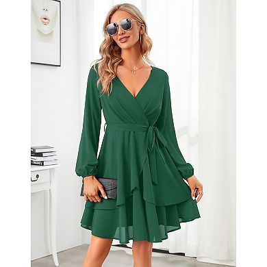 Womens Skater Dresses V Neck Short Sleeve Tie Waist Solid Ruffle Boho Flowy Swing Mini Dress