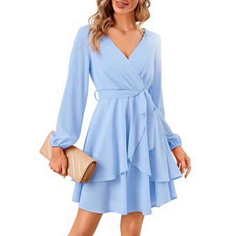 Womens Skater Dresses V Neck Short Sleeve Tie Waist Solid Ruffle Boho Flowy Swing Mini Dress