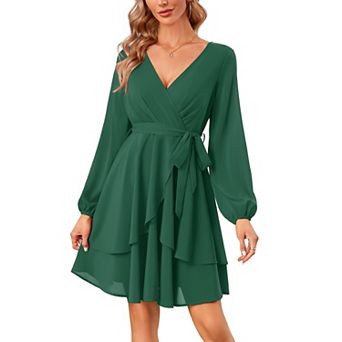 Womens Skater Dresses V Neck Short Sleeve Tie Waist Solid Ruffle Boho Flowy Swing Mini Dress