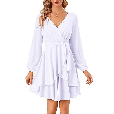 Women s V Neck Short Sleeve Ruffle Skater Dress