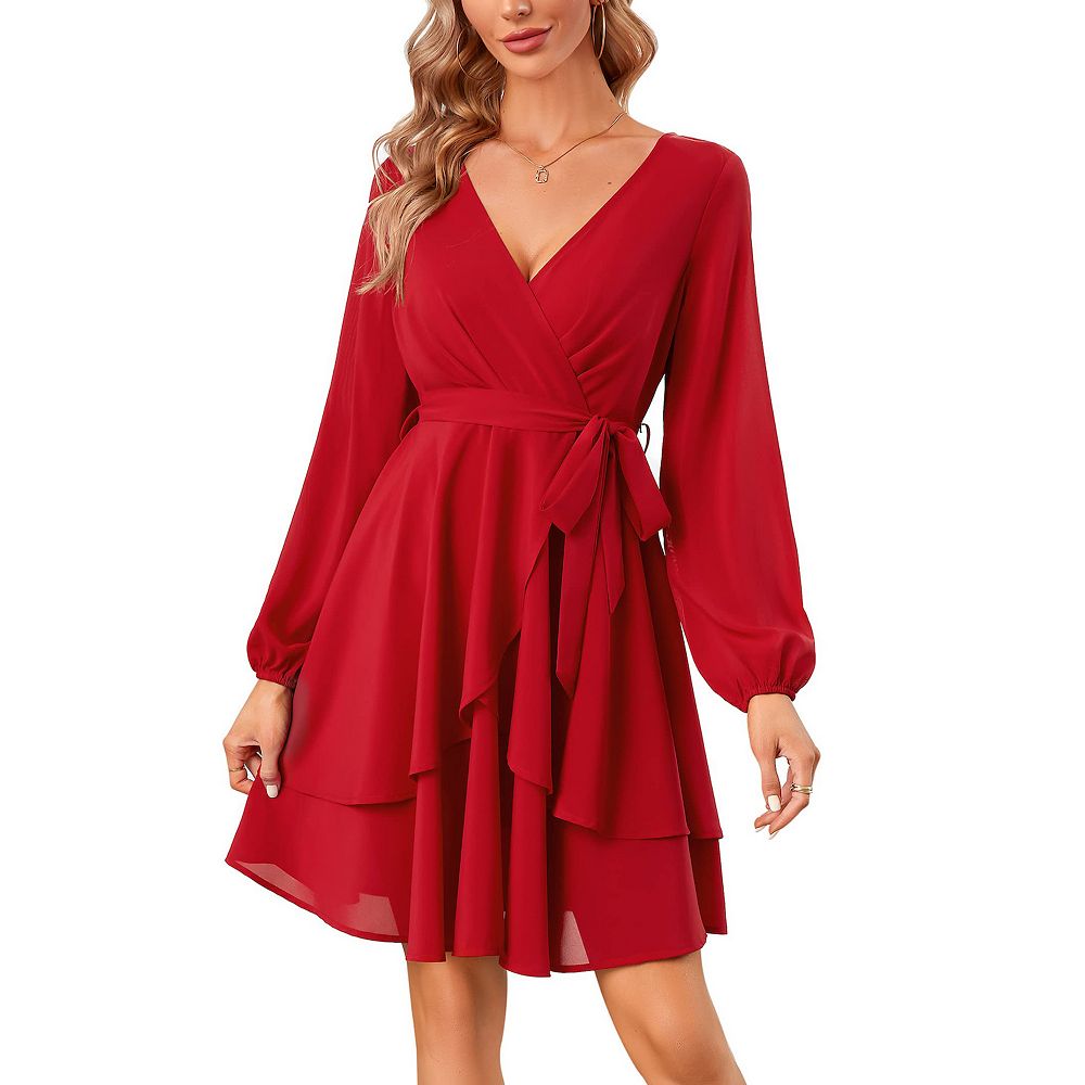 Womens Skater Dresses V Neck Short Sleeve Tie Waist Solid Ruffle Boho ...