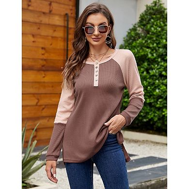 Women’s V Neck Henley Shirts Long Sleeve Waffle Tunic Tops Pullover Sweatshirts With Buttons