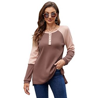 Women’s V Neck Henley Shirts Long Sleeve Waffle Tunic Tops Pullover Sweatshirts With Buttons
