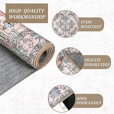 Glowsol Vintage Oriental Floral Print Area Rug Washable Soft Indoor Floor Carpet