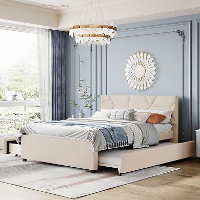 Merax Upholstered Platform Bed With Twin Xl Size Trundle And Drawers