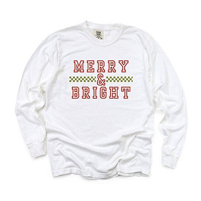 Merry And Bright Checkered Garment Dyed Long Sleeve Tees