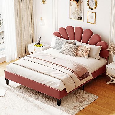 Merax Upholstered Platform Bed With Flower Pattern Velvet Headboard
