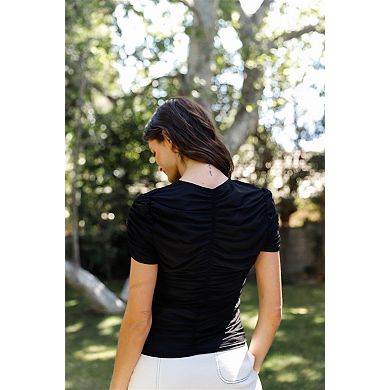 Mesh Ruched Cut-Out Detail Short Sleeve Top