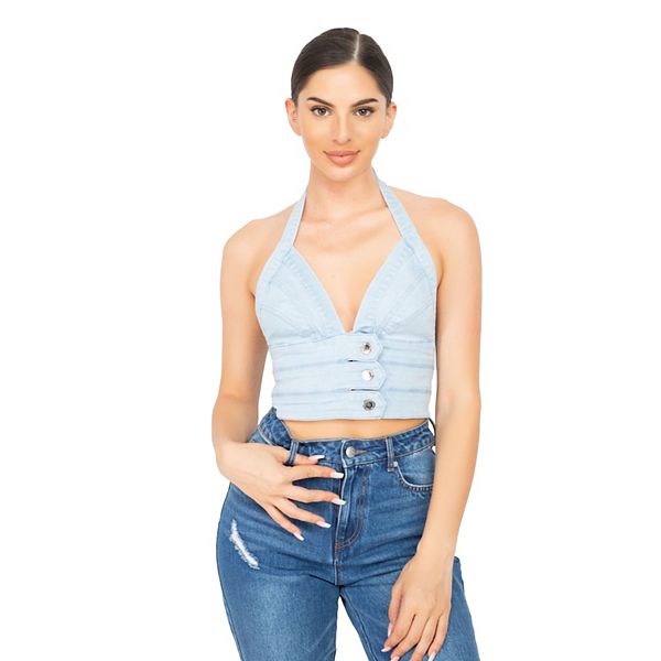 Denim Halter Neck Seamed Crop Top 