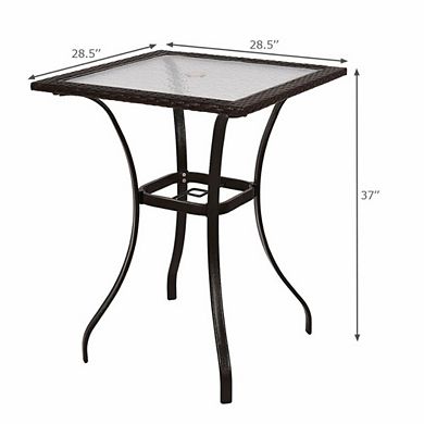 Hivvago 28.5 Inch Outdoor Patio Square Glass Top Table With Rattan Edging