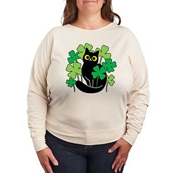 Plus Size Black Cat In Clover Patch French Terry Long Sleeve Tee